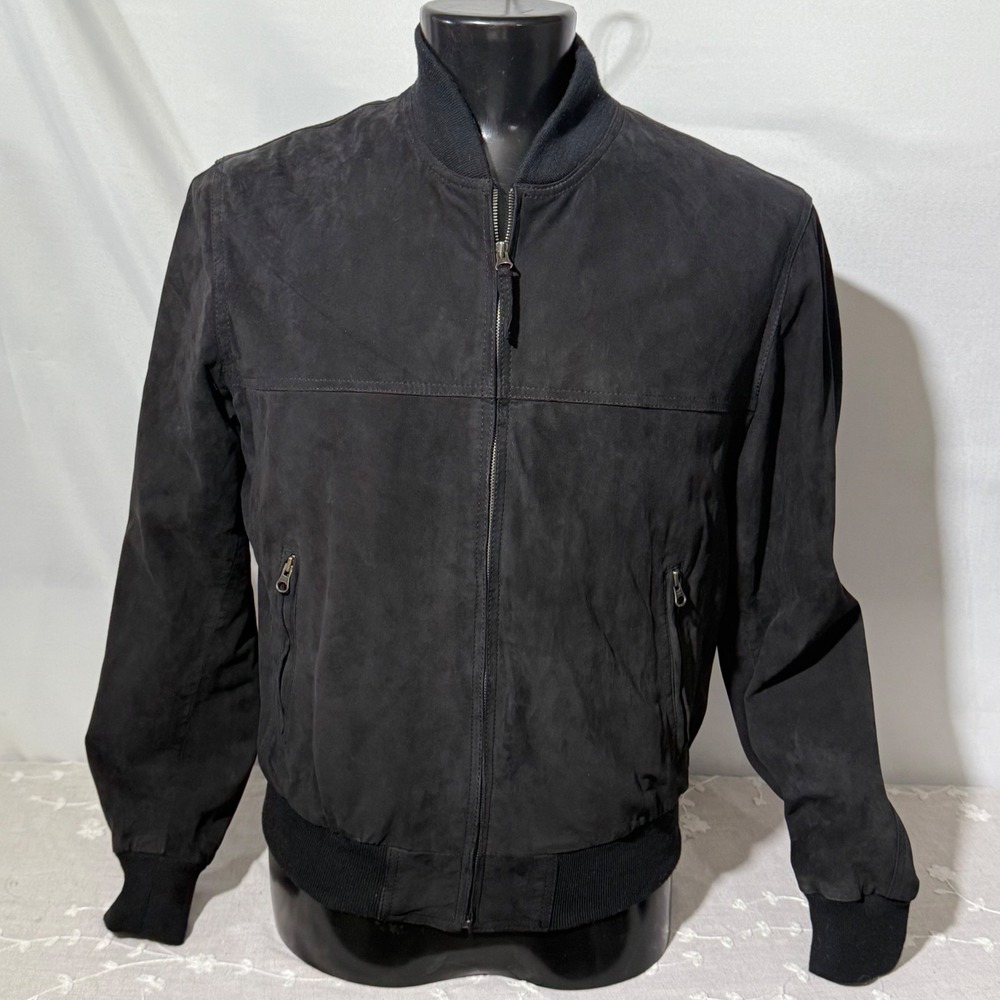 Vera Pelle Leather Bomber Jacket Full Zip Ribbed Trim‎ Black Mens Size 52
